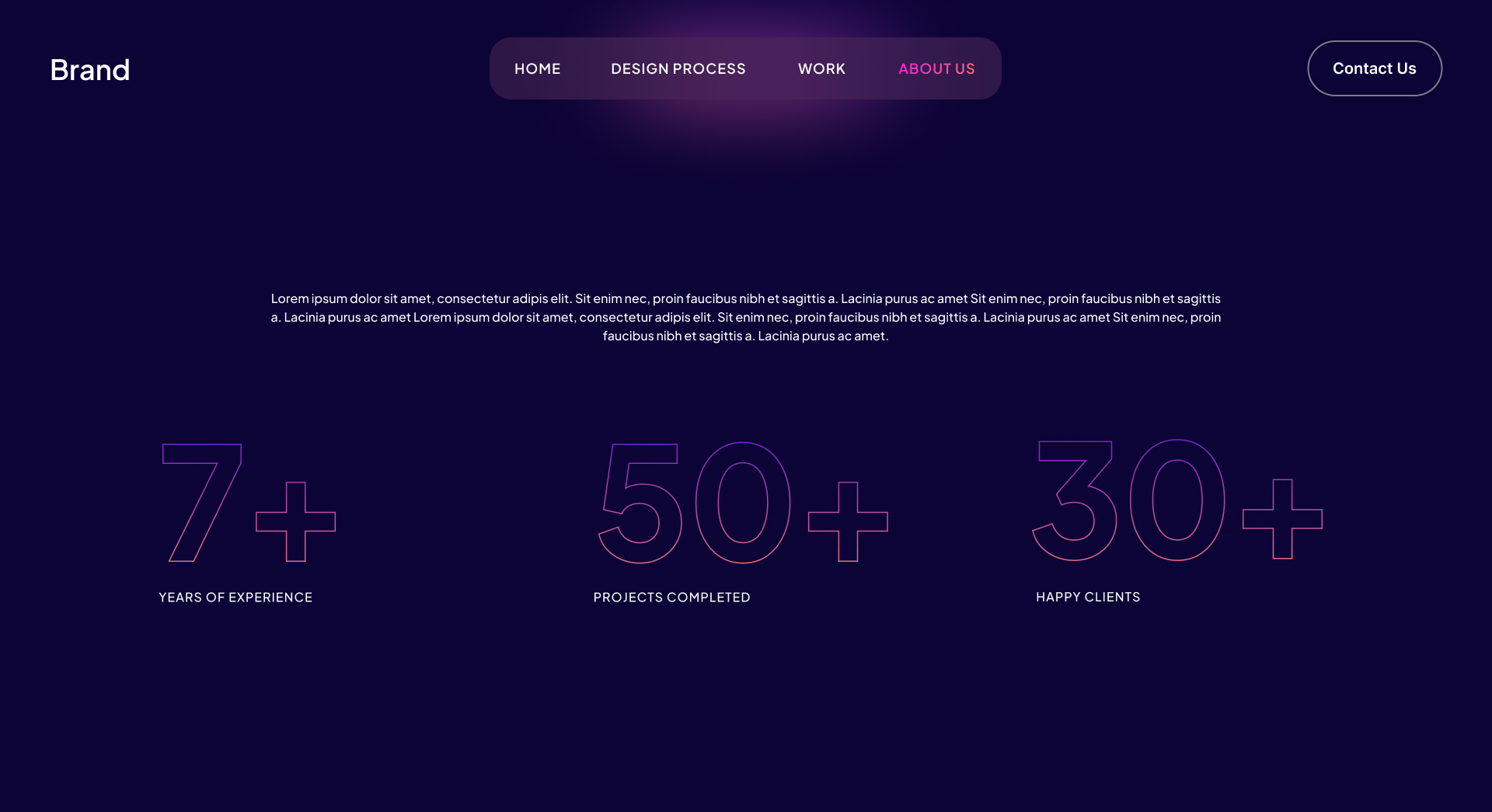 About Us dark — 7+ Years, 50+ Projects, 30+ Happy Clients