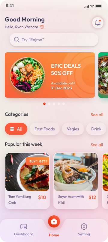 Mobile app — browse food with EPIC DEALS banner