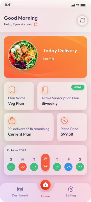 Mobile app — home with today delivery and calendar