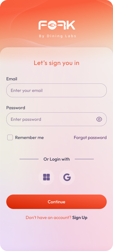 Mobile app — Fork by Dining Labs login screen