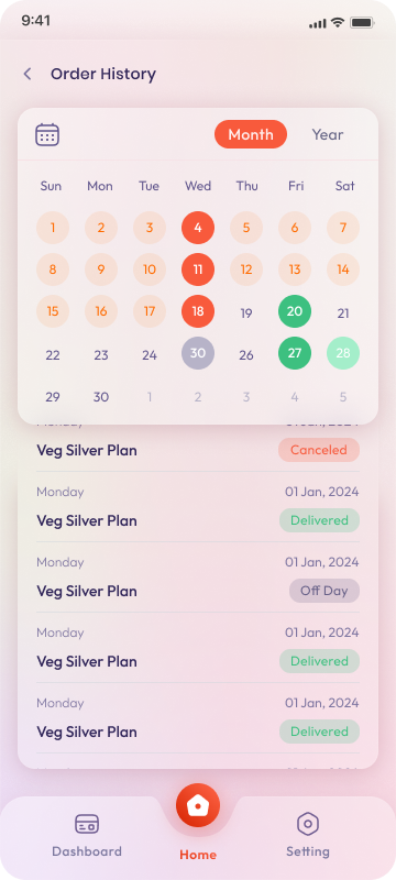 Mobile app — order history calendar view