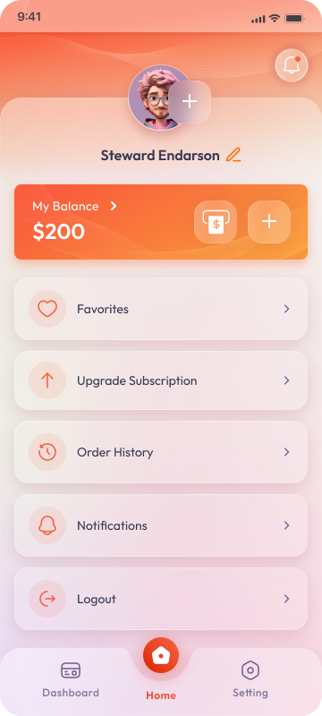 Mobile app — profile with balance and menu