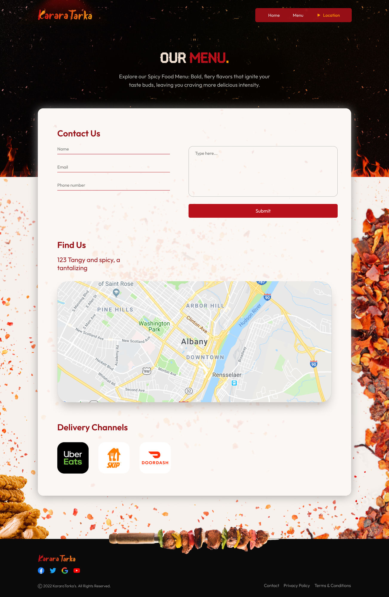Location page — Contact form, Google Map, delivery channels
