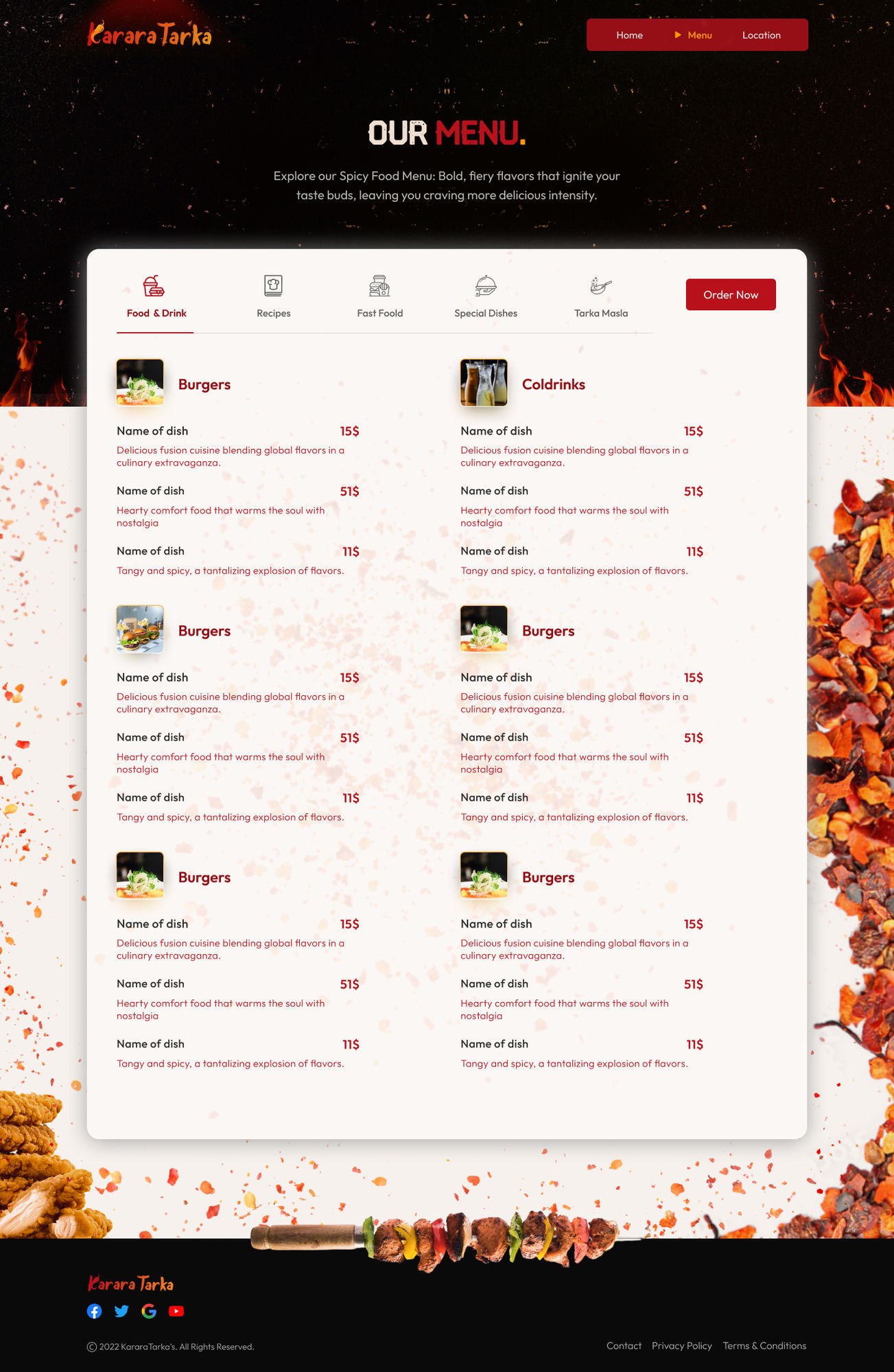 Our Menu page with tabbed categories