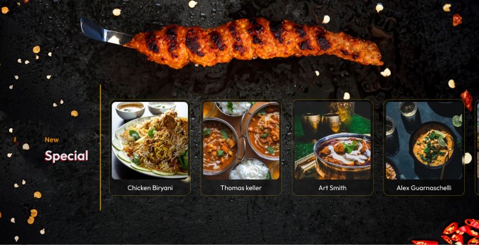 New Special dishes section — dark dramatic layout