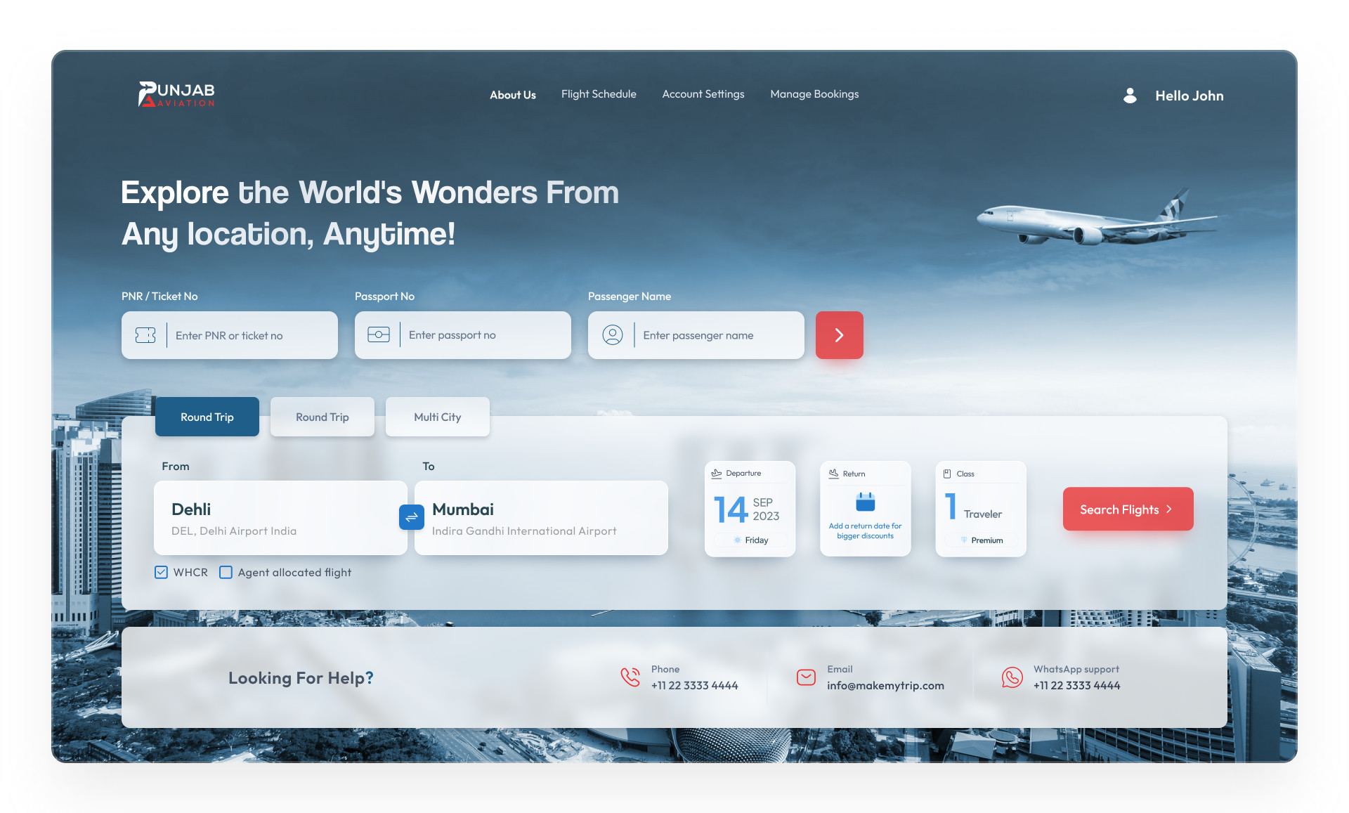Punjab Aviation homepage — flight search with PNR lookup