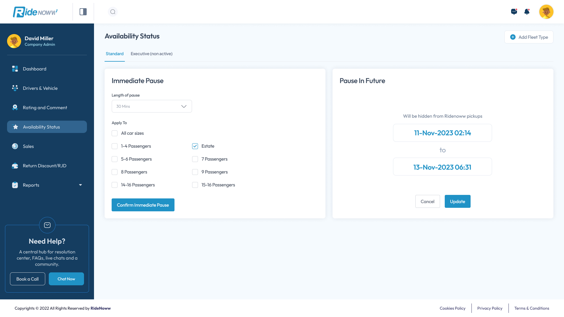 Company Admin — Availability Status: Immediate Pause and Pause In Future