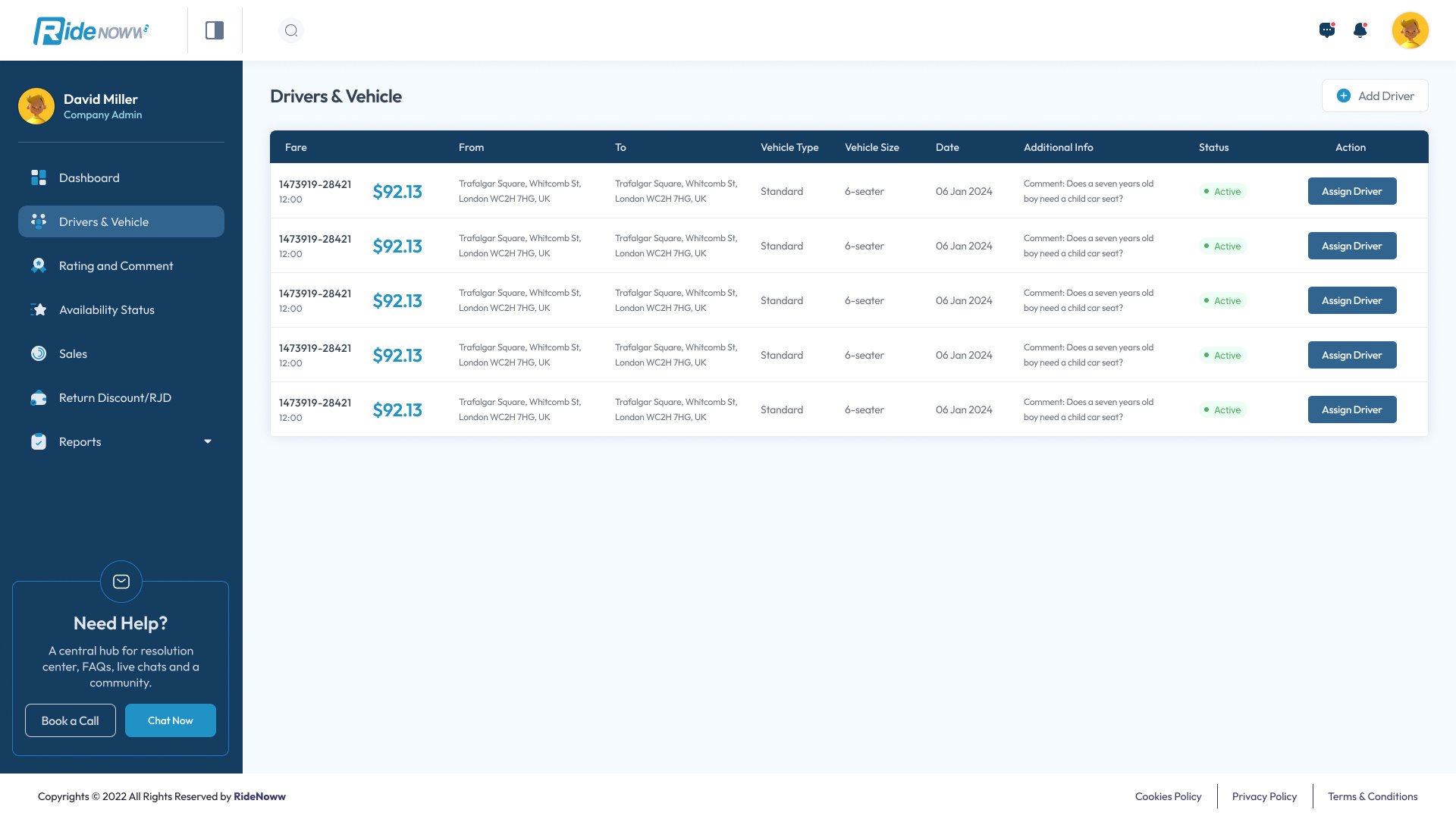 Company Admin — Drivers & Vehicle list with Assign Driver action