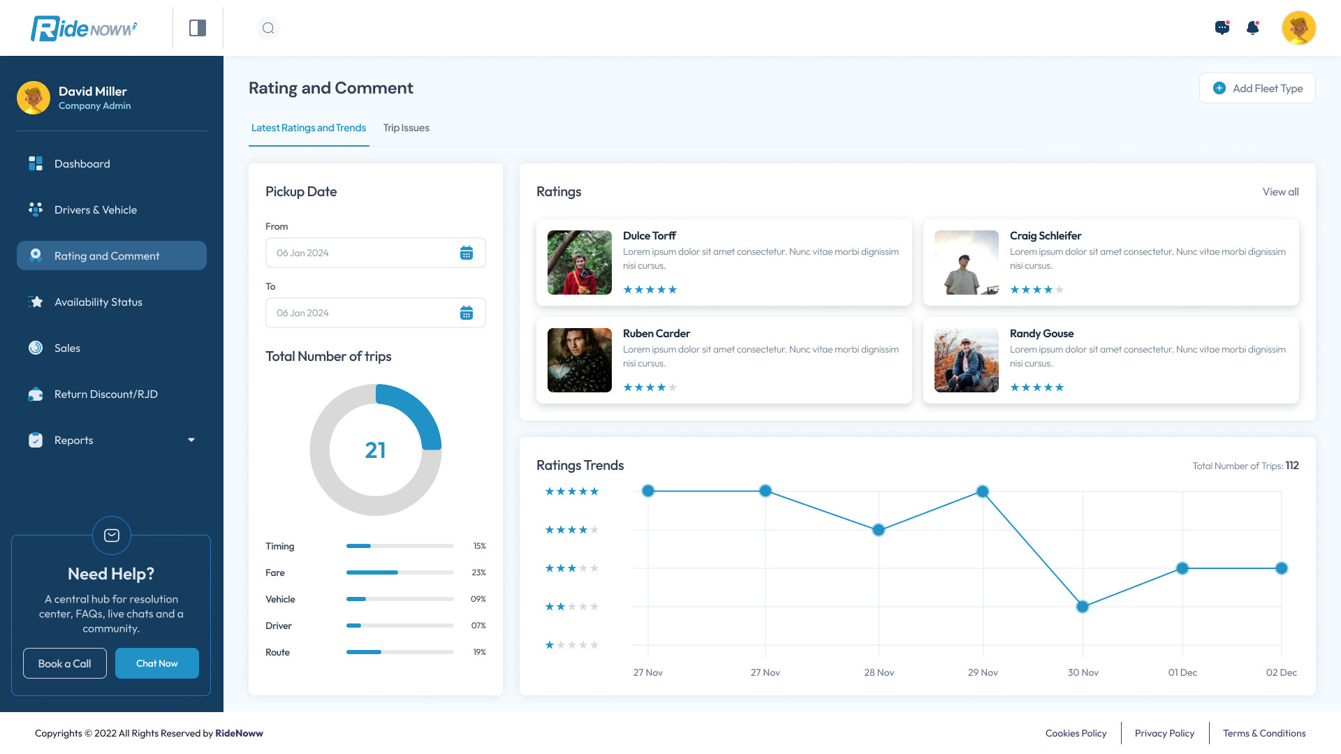 Company Admin — Rating & Comment: trends chart, customer reviews