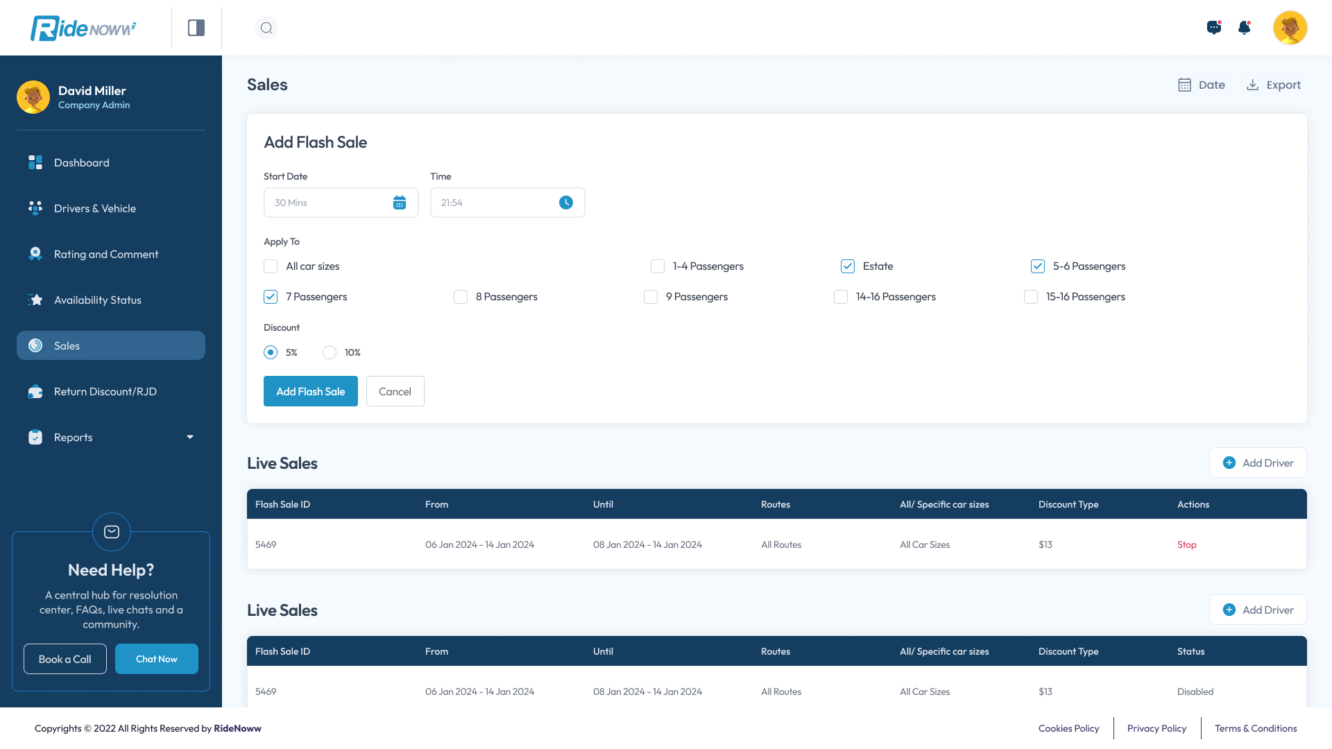 Company Admin — Flash Sales: add sale form, live sales table