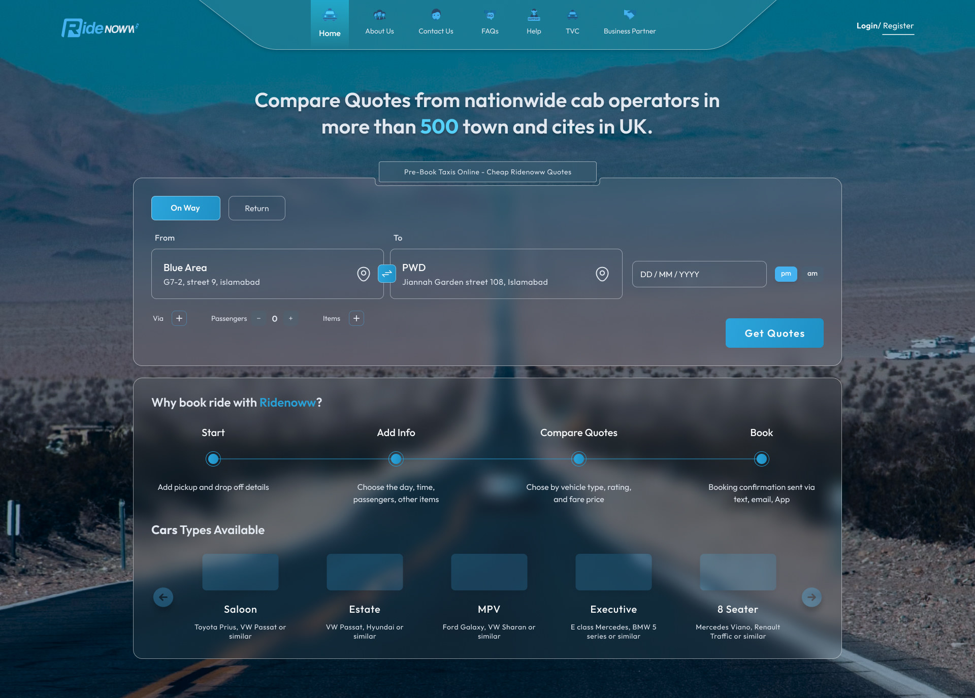 RideNoww homepage — compare quotes from 500+ UK cab operators