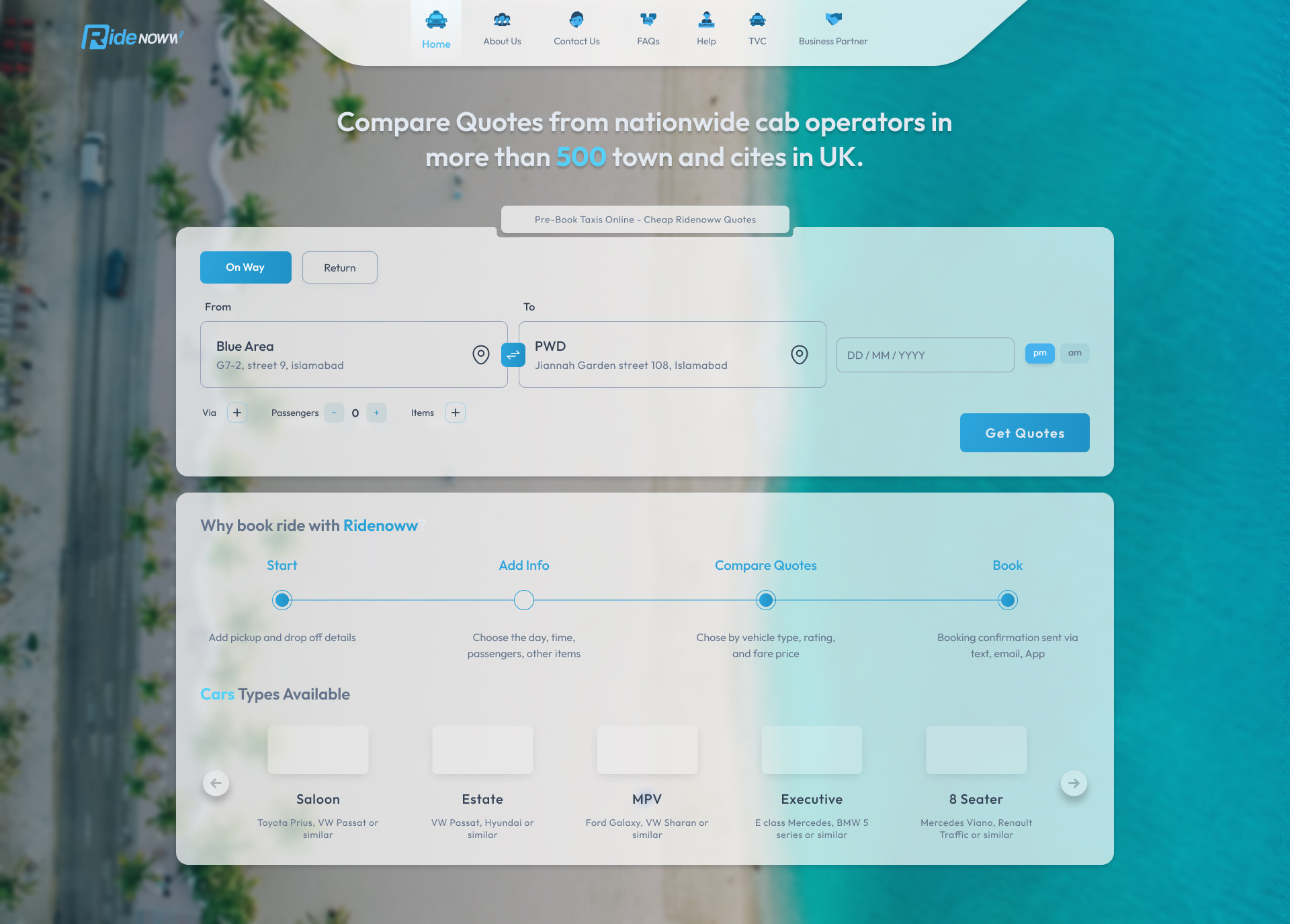 RideNoww homepage teal variant — On Way / Return booking form