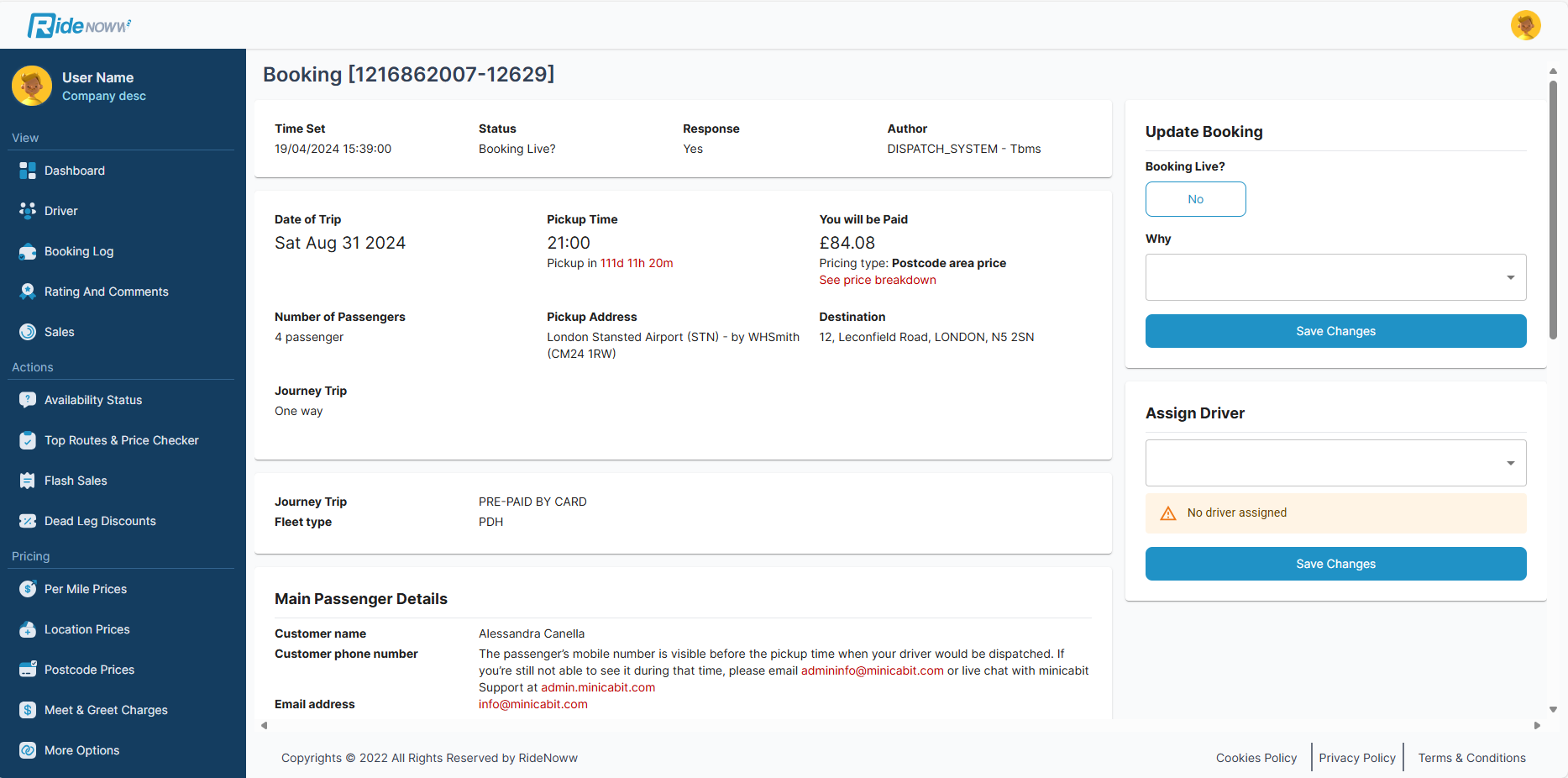Operator Portal — Booking detail with passenger info and assign driver