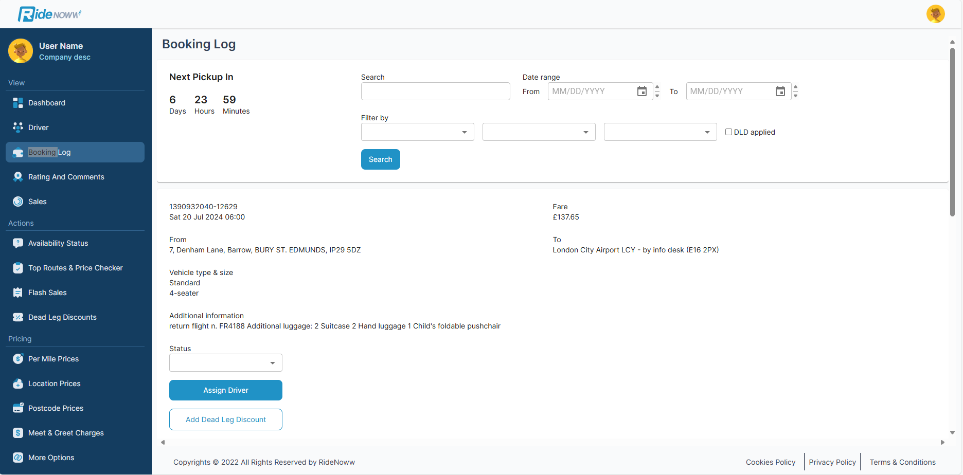 Operator Portal — Booking Log with countdown, filters, booking cards