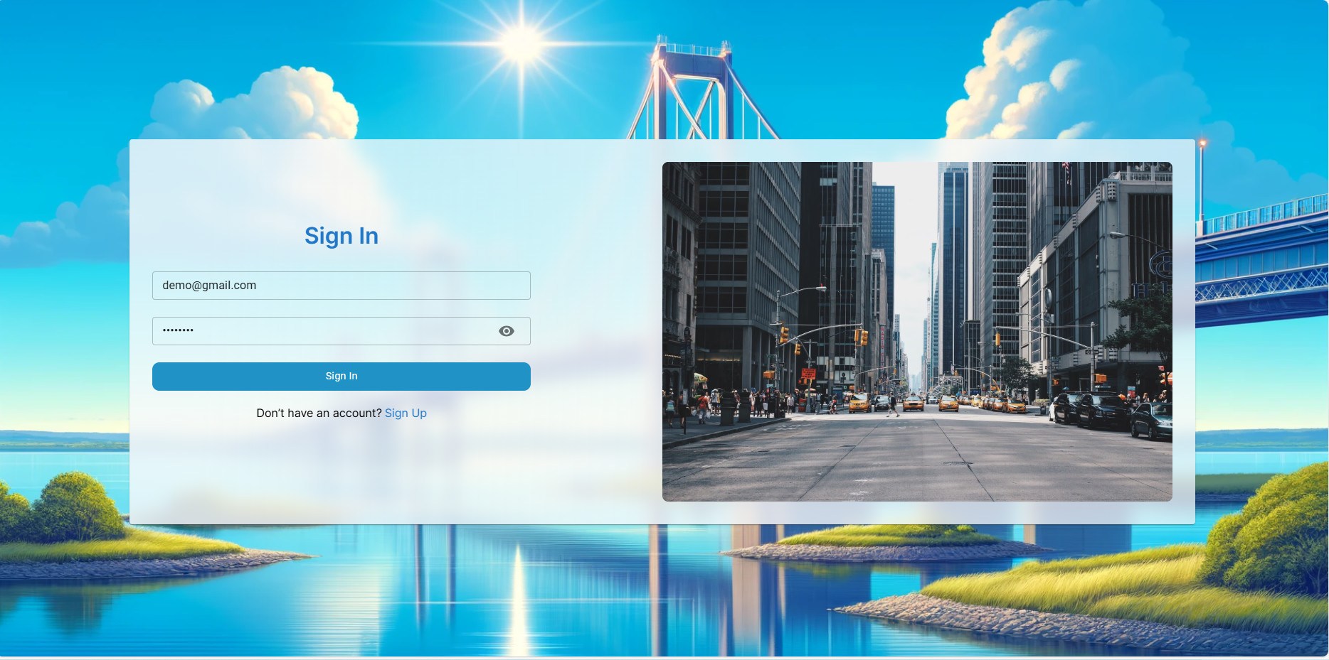 Sign In page — city backdrop, email and password login