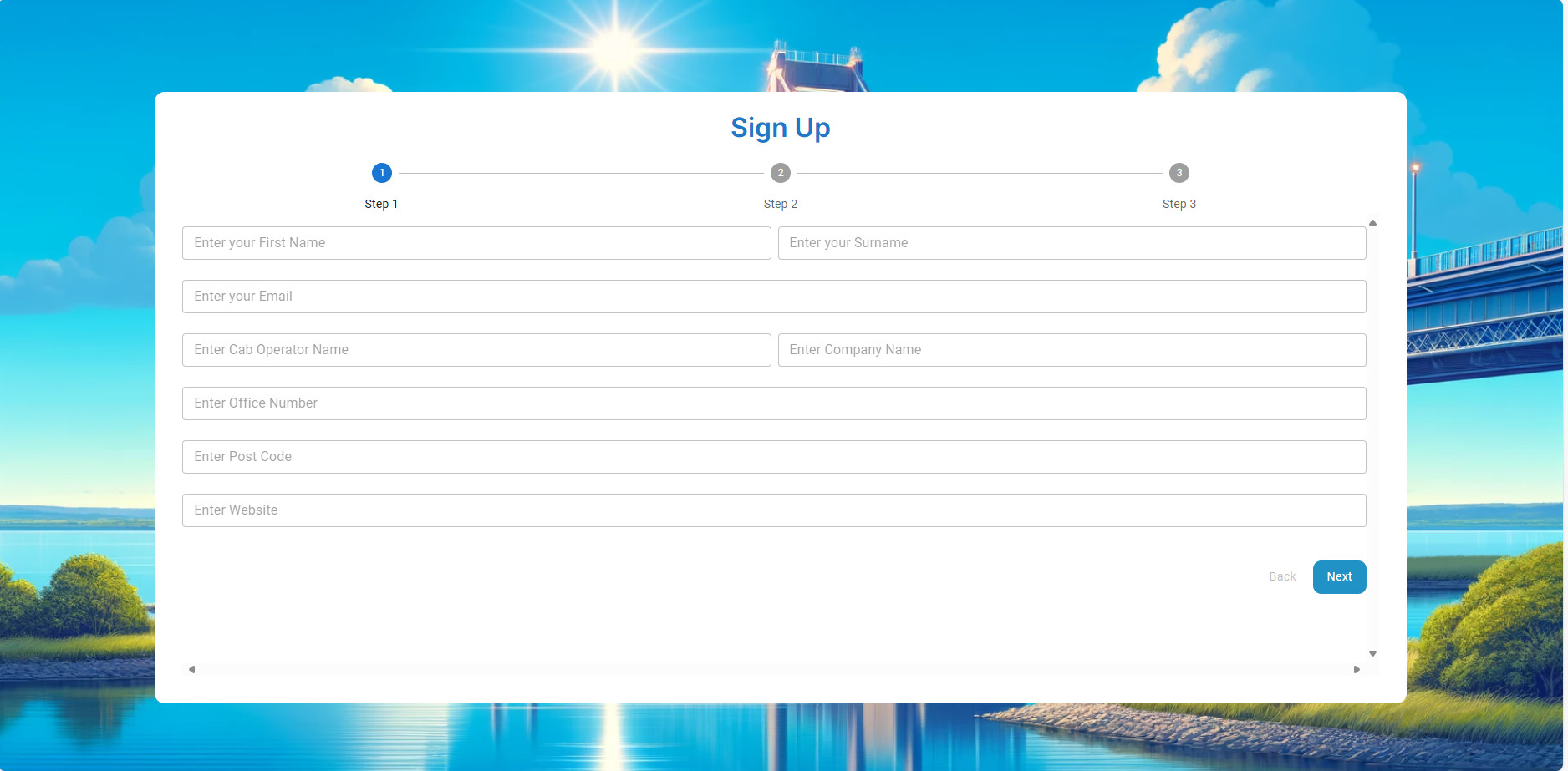 Sign Up 3-step wizard — Step 1: operator registration details