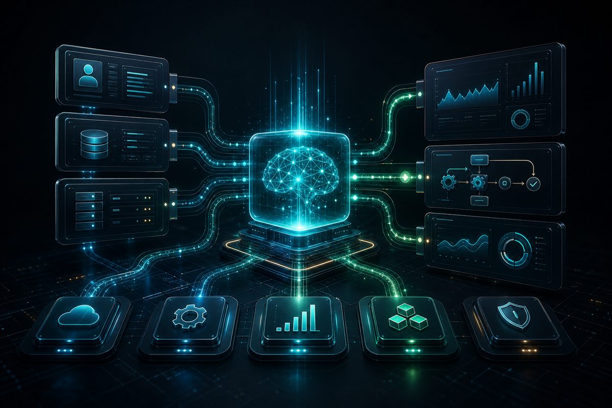 Generated visual of an AI core connecting business systems, workflows, and analytics panels