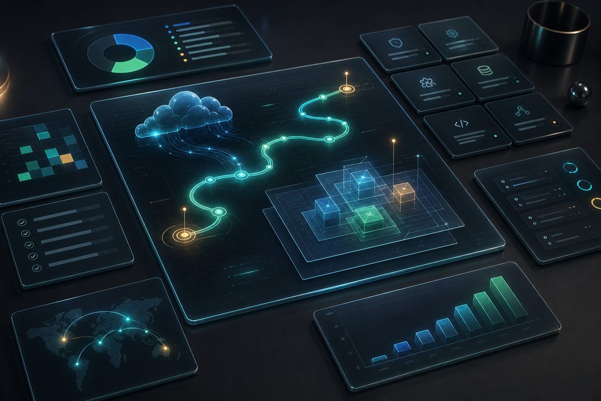 Generated visual of IT consulting strategy with roadmap boards, cloud migration path, and architecture planning