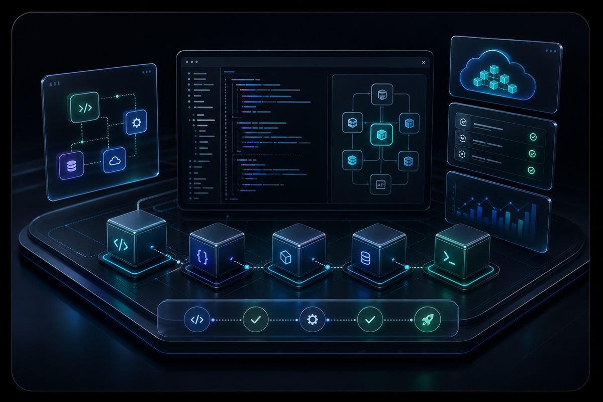 Generated visual of custom software architecture with code panels, API nodes, and deployment pipeline
