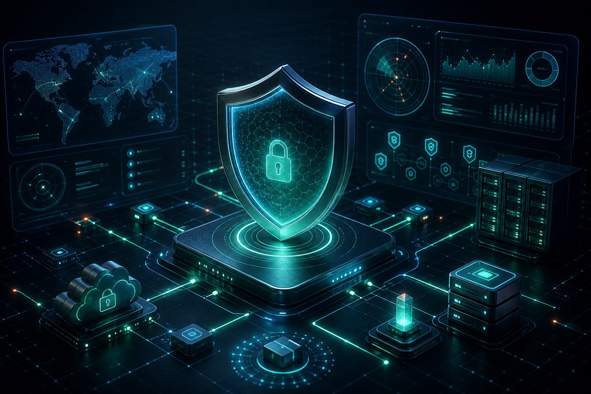 Generated visual of cybersecurity monitoring with shield, secure infrastructure, and threat dashboards
