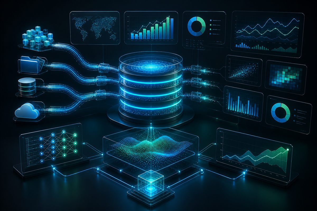 Generated visual of data pipelines, analytics dashboards, and machine learning forecasting