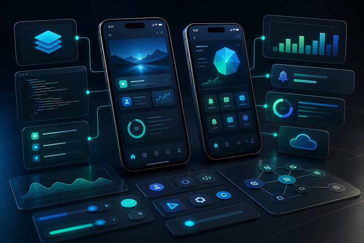 Generated visual of mobile app development with smartphone interfaces and connected app modules