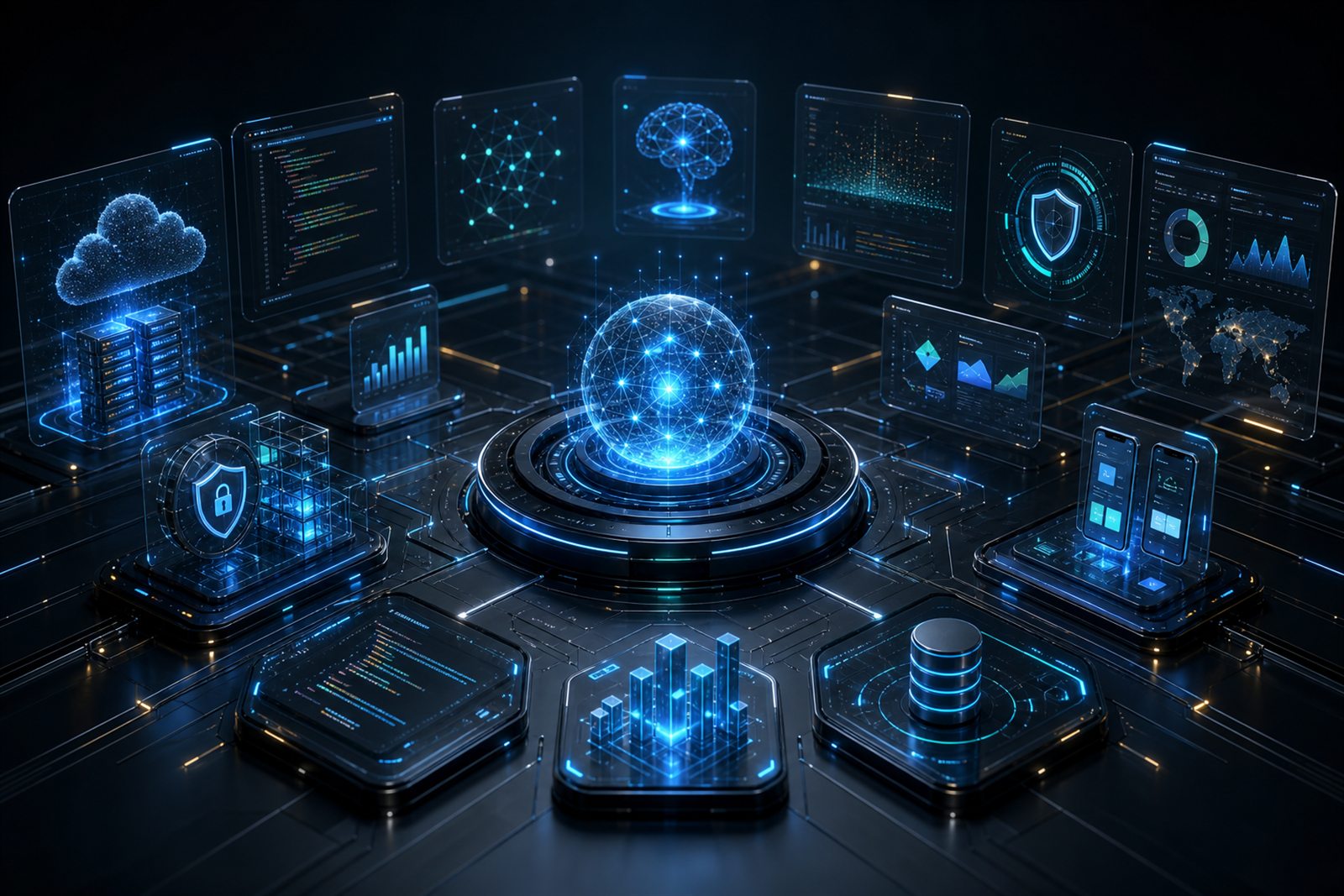 AI operations dashboard showing cloud infrastructure, code, cybersecurity, data analytics, and mobile systems